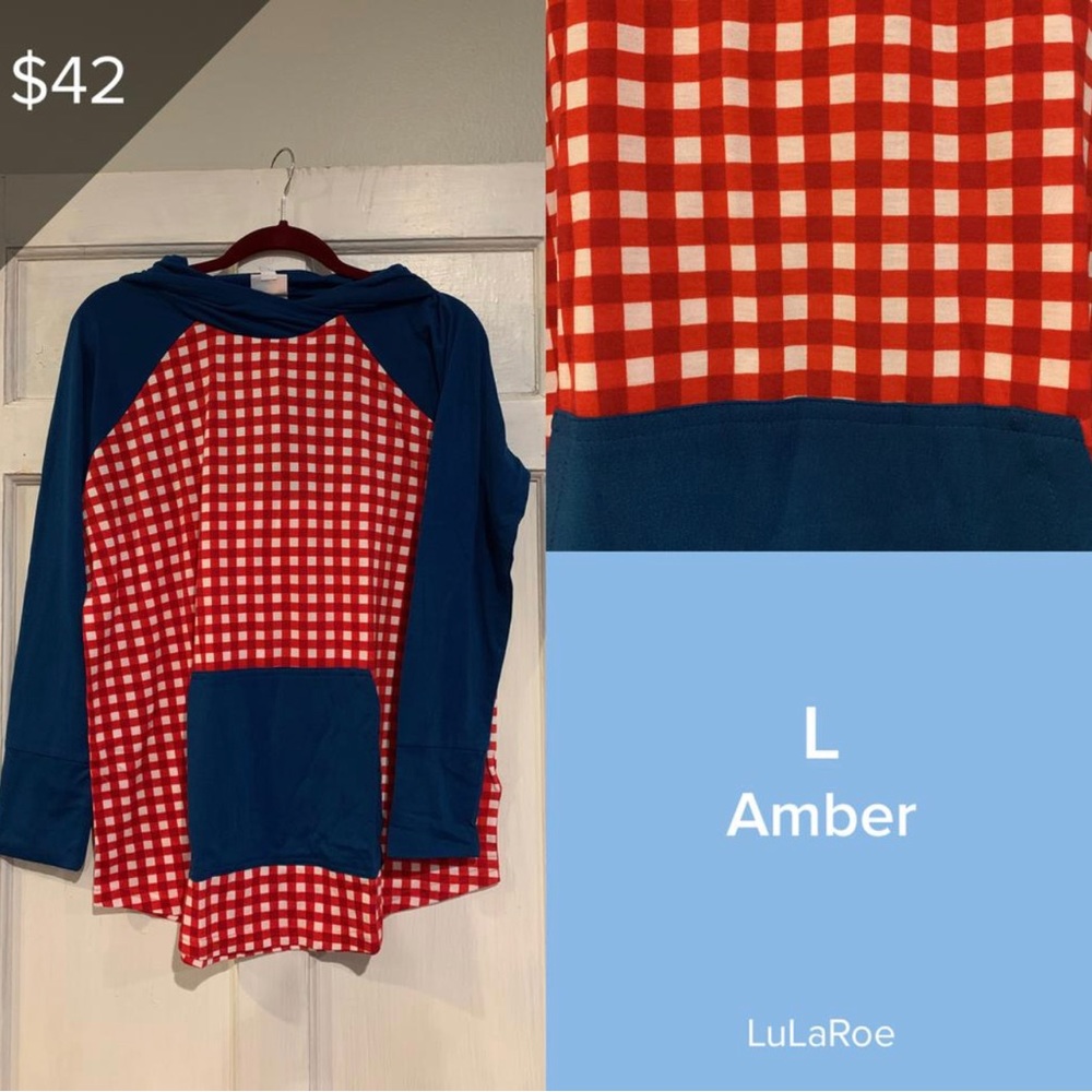 LuLaRoe BRAND NEW Amber Hoodie Pull Over Sweatshirt Hooded Large Plaid